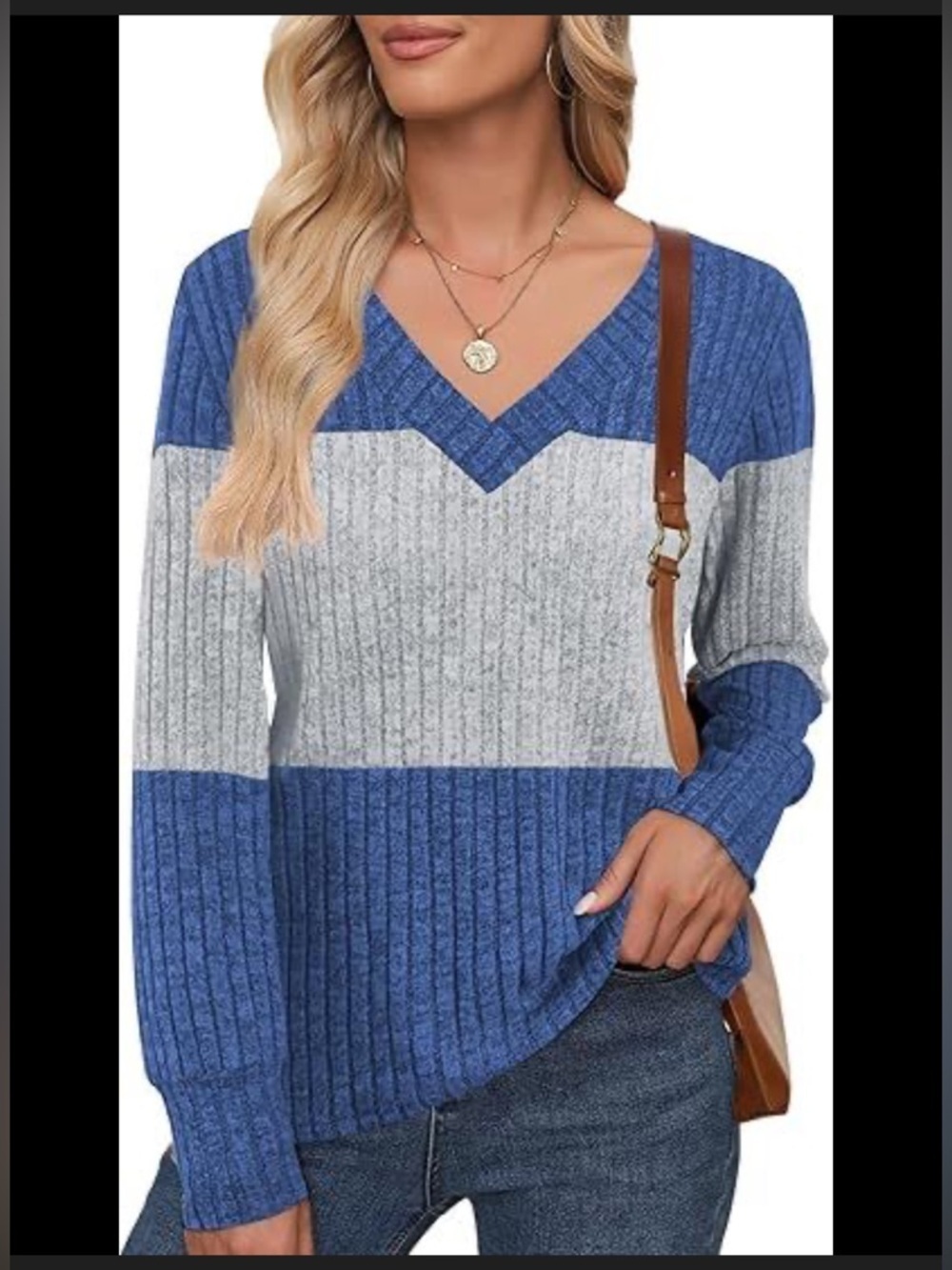 Colorblock V-Neck Ribbed Sweater - Blue & Light Gray xxl